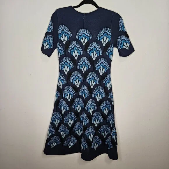 CAROLINA HERRERA Jacquard Knit Fit & Flare Midi Dress S Blue Holiday Party  Dress